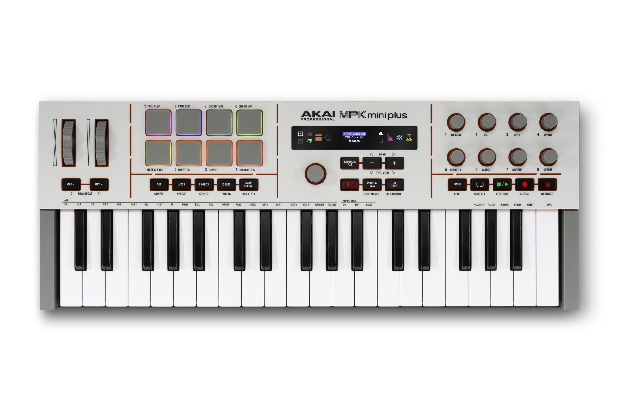 Az Akai MPK mini plus II felülnézete a nyolc RGB paddal, a színes kijelzővel és a nyolc forgatógombbal