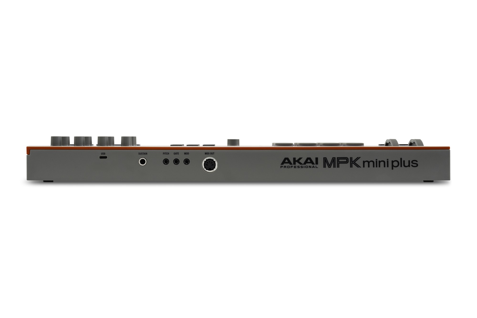 Az Akai MPK mini plus II hátlapja, balról jobbra USB, SUSTAIN, PITCH, GATE, MOD és MIDI OUT csatlakozókkal