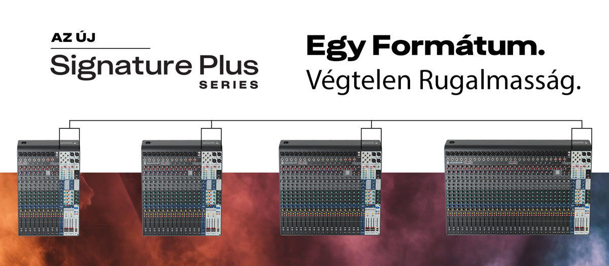 A Soundcraft Signature Plus sorozat négy modellje egymás mellett: 12, 16, 22 és 32 csatornás analóg keverőpult